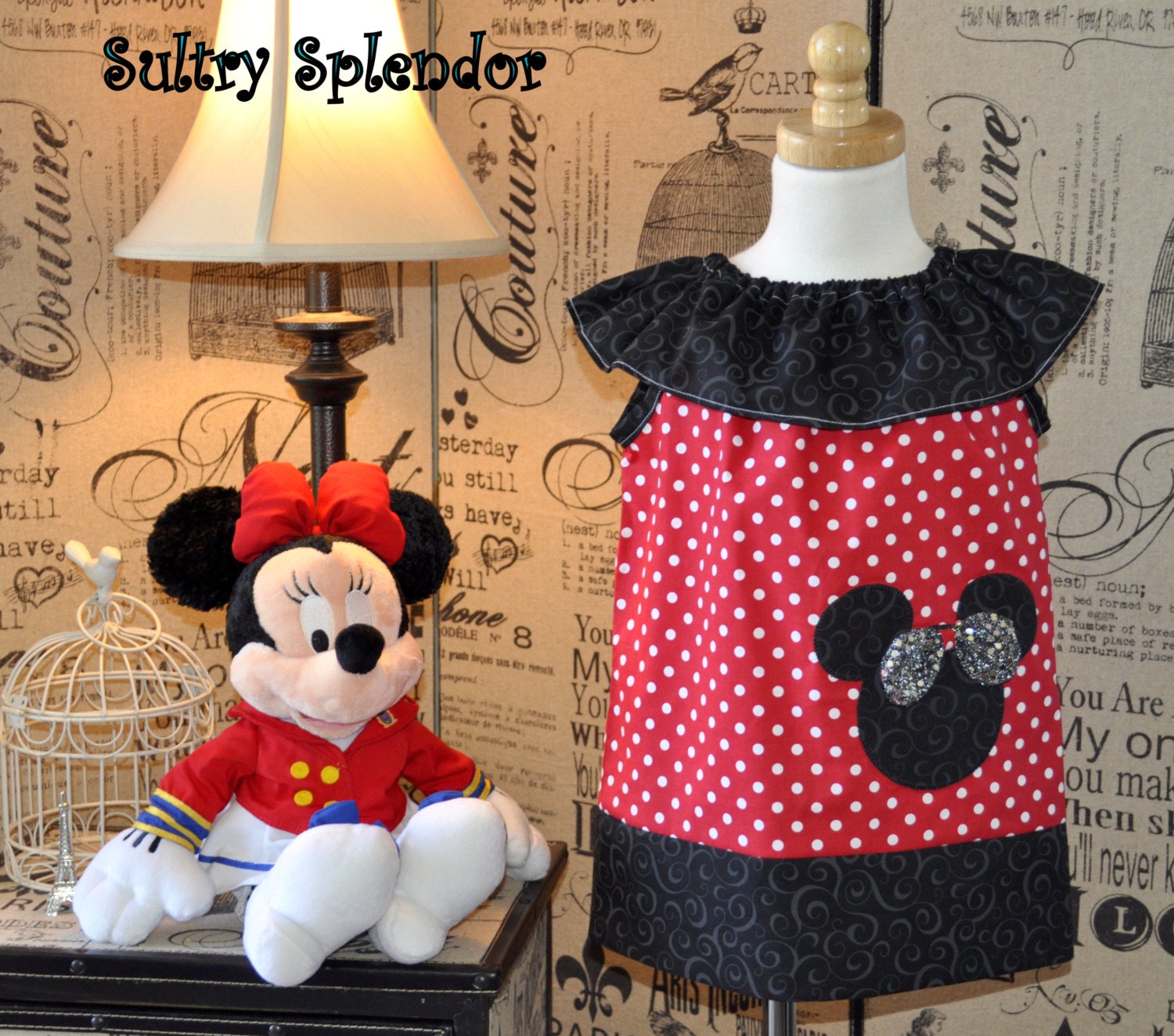 Red Polka Dots with Fancy Swirls Minnie Mouse Ruffled Neck Dress with Applique