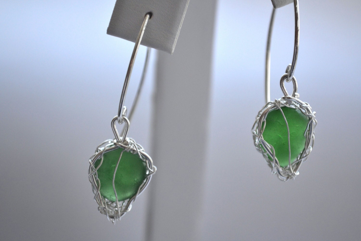 Genuine Earrings Emerald Green Sea Glass Leaf Fine Silver Hand Knitted wire on Sterling Silver Hook