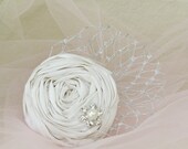 Off White Silk Rosette with Pearl and Rhinestone Embellishment with Silver Russian Veiling for a Bride or Special Occasion