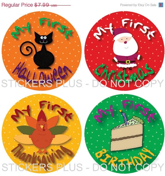 SALE First Birthday Holidays II Baby Onesie Stickers Boy or Girl - Christmas 1st Birthday Halloween Easter Thanksgiving and More