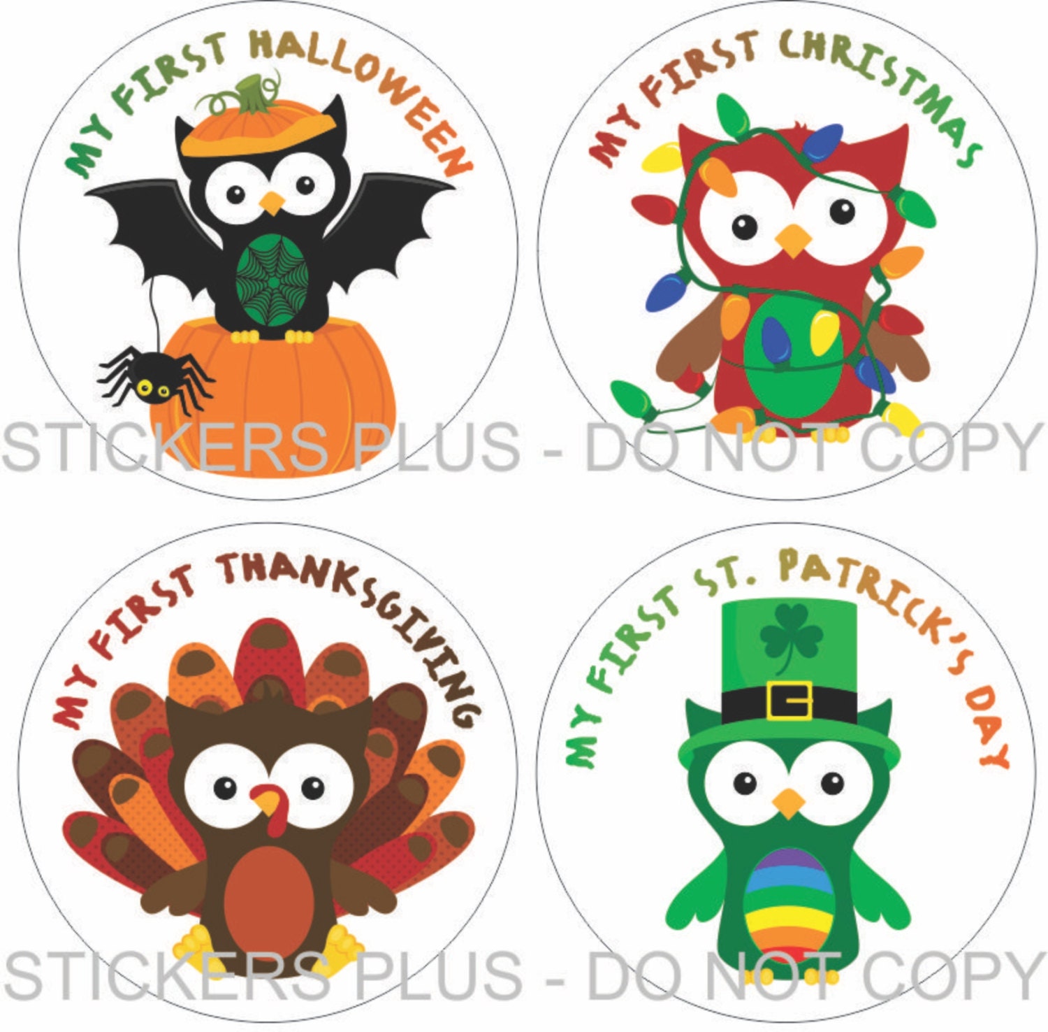 First Holidays Baby Onesie Stickers Boy or Girl - Owls Christmas School Halloween Easter Thanksgiving and More