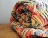 Vintage Afghan Blanket - Chevron Zig Zag Yellow Grey Coral Crochet Colorful Knit Throw - labiblioteca