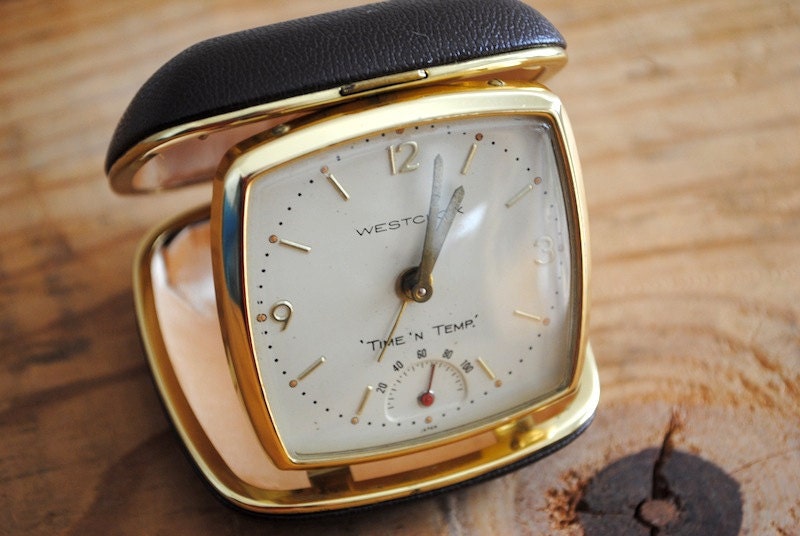 Vintage Travel Alarm Clock by Westclox Chocolate Brown Pocket Traveling Mid Century - Time 'n Temp - labiblioteca
