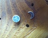 Moon phase Earrings, 1 crescent & 1 full moon, sterling silver studs
