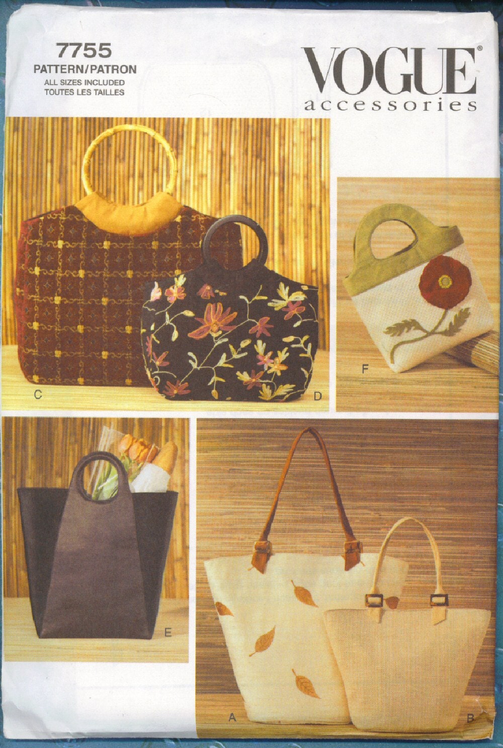VOGUE Tote Pattern Handbag Purse Bags 7755 Uncut 6 Styles Accessories