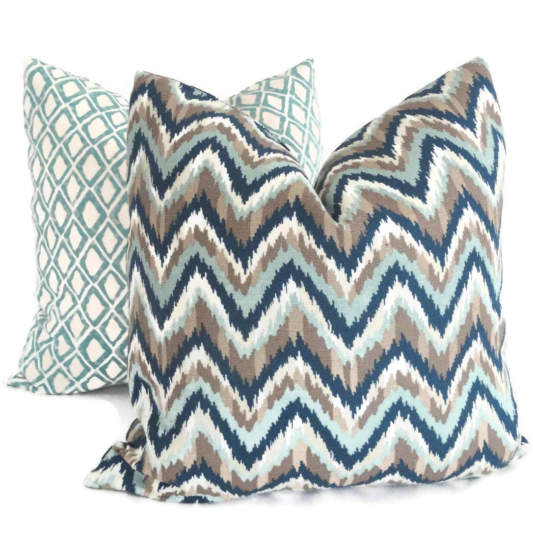 Nate Berkus Aquamarine, Blue and Tan Chevron Decorative Pillow Cover, 18x18, 20x20, 22x22 or lumbar pillow, Accent Pillow, Throw Pillows,