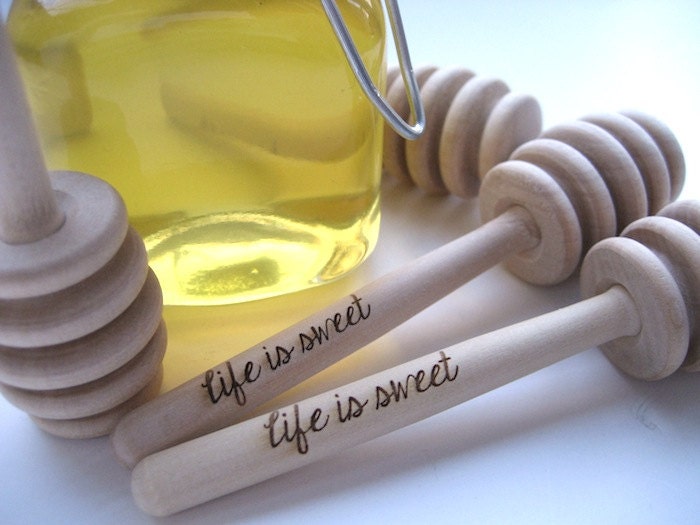 Set of 5 Life is Sweet Engraved Honey Dipper - Honey Pot Stick LIfe Is Sweet Honey Dipper Wedding Favor