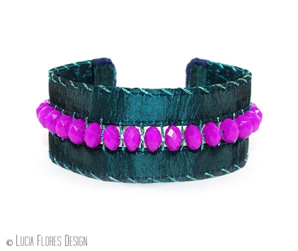 Beaded neon bracelet Bohemain Hippie embroidered cuff summer festival brights petrol neon purple by LuciaFloresDesign