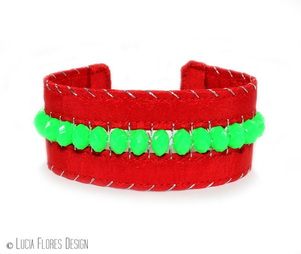 Beaded neon bracelet Bohemain Hippie embroidered cuff summer festival brights red neon green by LuciaFloresDesign