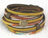 Leather Wrap Bracelet in Mustard and Patterned Leather with Silver Accents and easy one handed Magnet you choose your colors