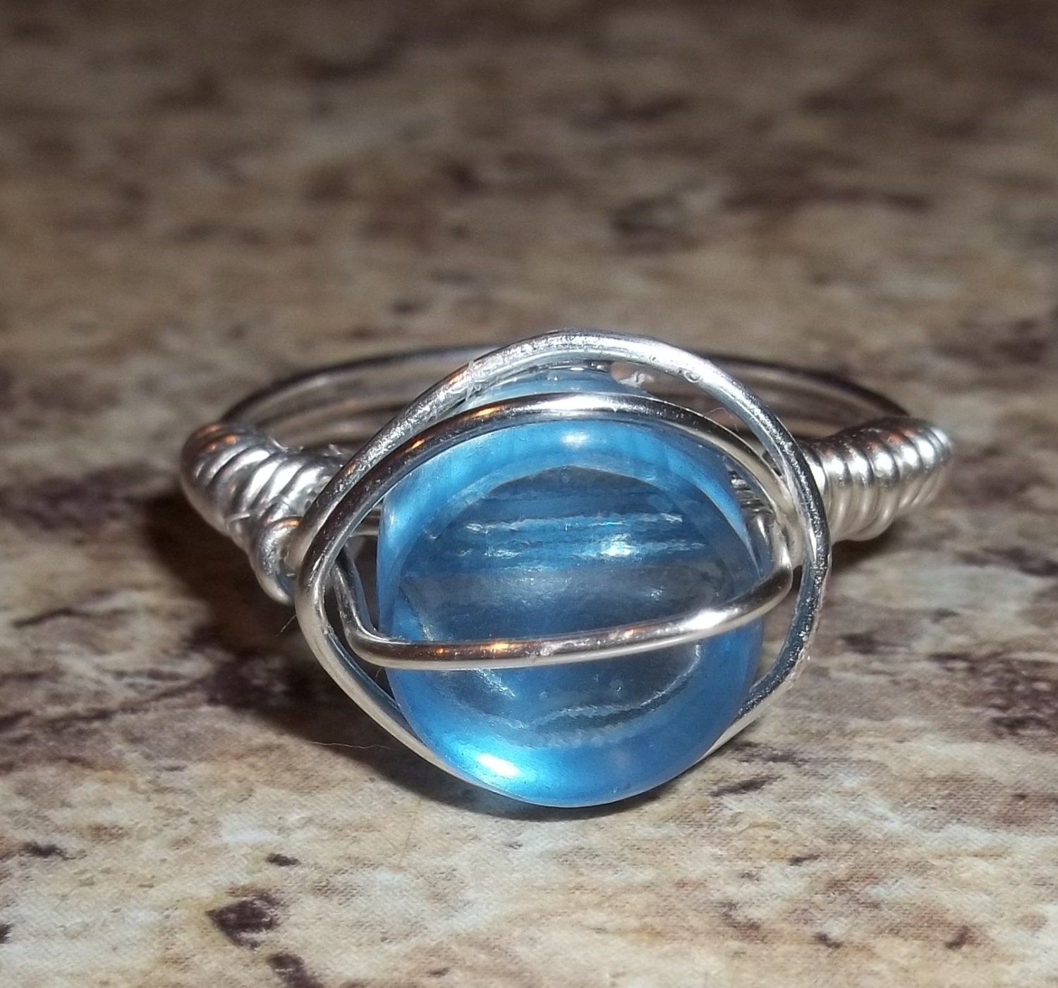 Recycled Light Blue Bottle Wire Wrapped Ring