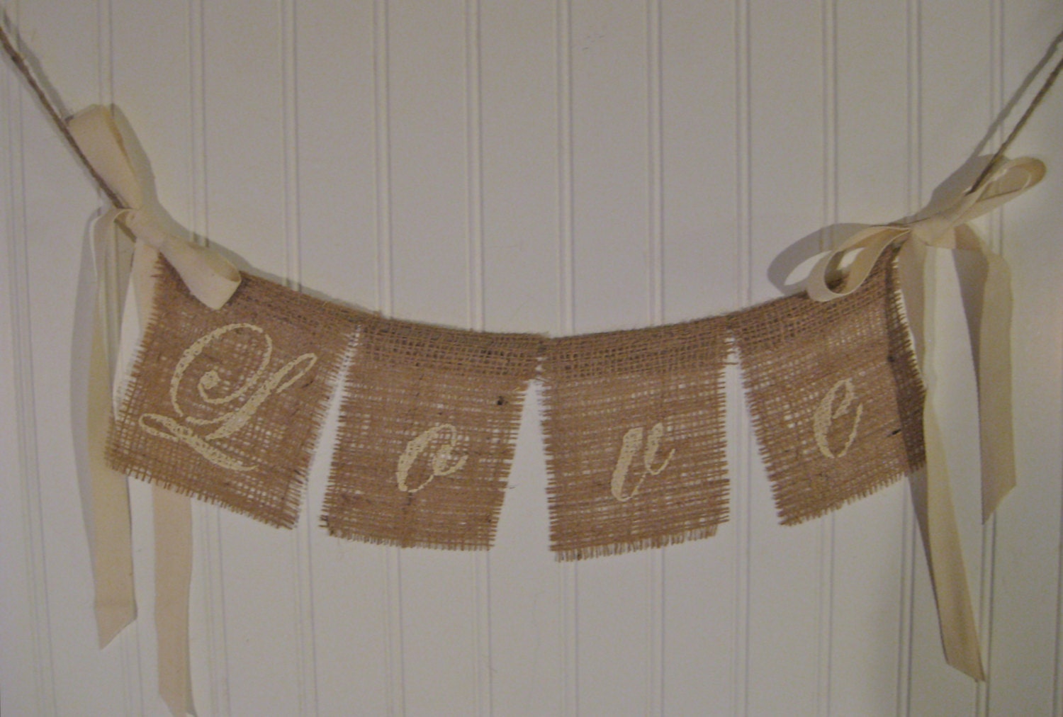 LOVE Script Font Burlap Wedding Banner / Photo Prop with BOWS- Pretty Shabby Chic White Wedding Decor, Outdoor Barn, Farm Rustic wedding