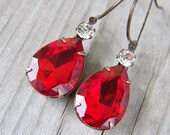 Red Rhinestone Earrings Patina Brass Settings - gristmilldesigns