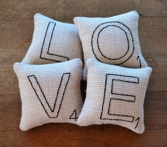 Items similar to Scrabble Letter LOVE Decorative Pillows - Bowl Fillers - Tucks - White Burlap ...