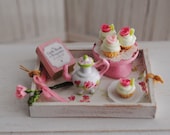 Miniature Shabby Chic Tea Tray With Matching Handpainted Teapot, Cupcakes With Pink Roses On A Shabby Pink Stand, A Rose, And A Pink Book