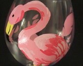 Hand Painted Flamingo Wine Glass Feathers Pink