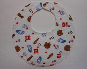 Baby bib, four soft layers, reversible, white with red & blue baseball motif