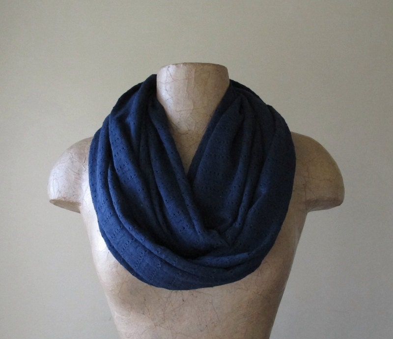 Navy Blue Infinity Scarf - Lightweight Jersey Eyelet Pattern Circle Scarf - Handmade Loop Scarf
