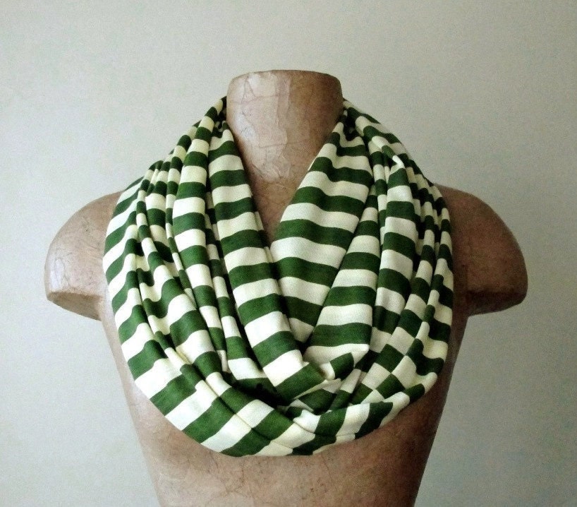 Striped Infinity Scarf - Avocado Green, Pale Yellow Stripes - Womens Loop Scarf - Summer Circle Scarf