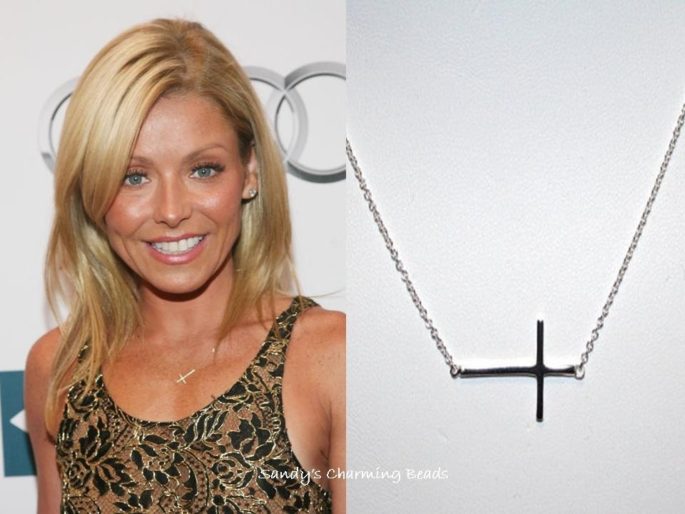 Kelly Ripa Skinny Sideways Cross Necklace, Sterling Silver, Celebrity Inspired