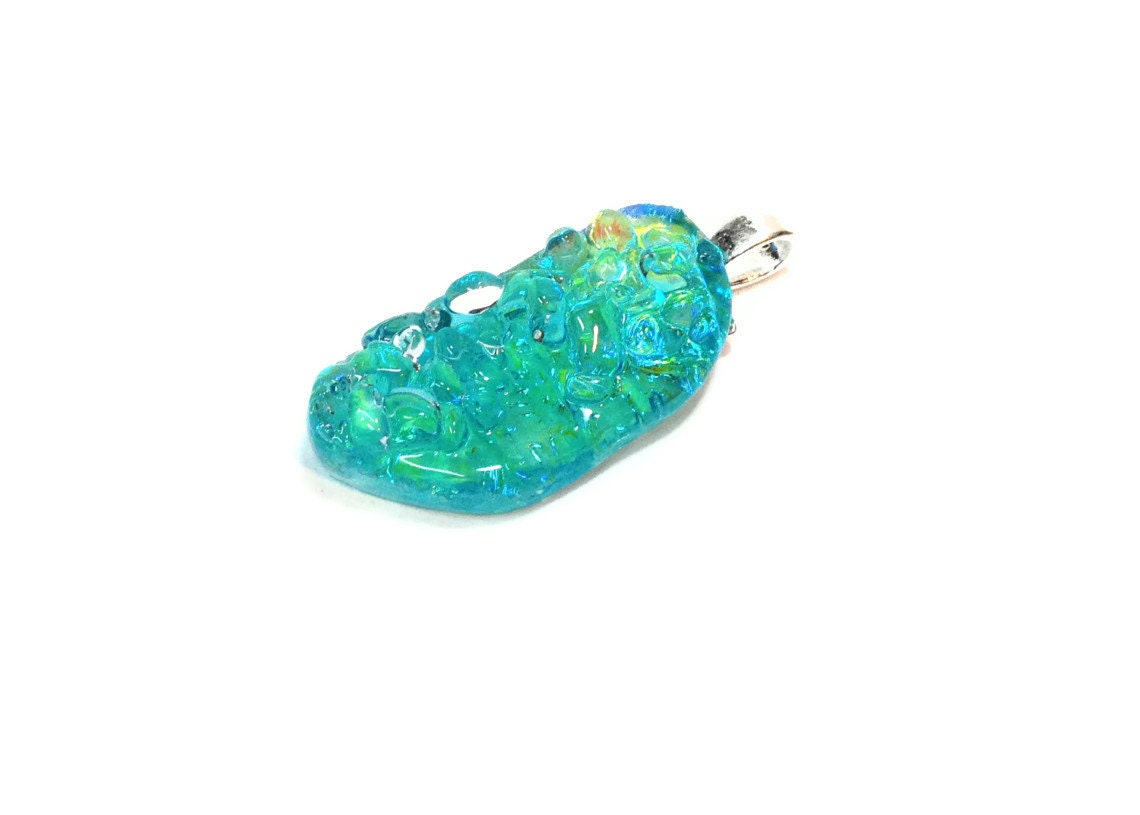Fused Glass Pendant  Dichroic Glass Necklace Aqua Ice  Statement Jewelry 160