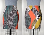 GEO SWIRL MINI - mini skirt, high waist skirt, stretchy knit skirt, geometric print, yellow orange green, black and white, triangle print