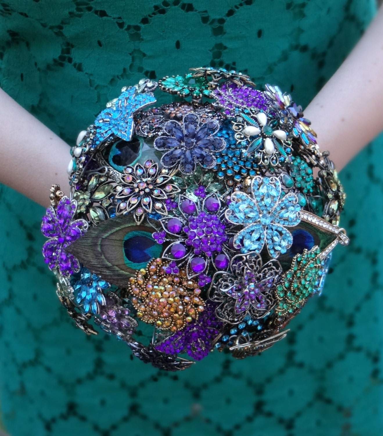 Large Peacock Brooch Bouquet - Purple, Blue, Green - Ready to Ship
