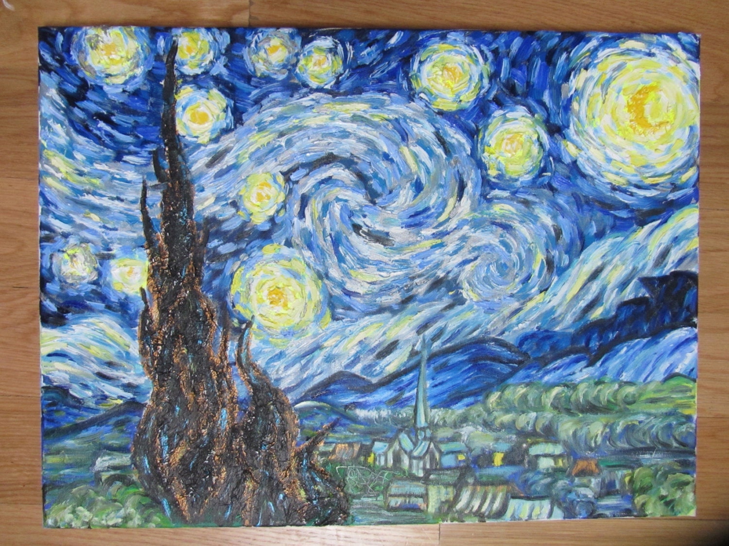 Starry Night Vincent van Gogh 100% REAL OIL PAINTING hand made reproduction Large 18" x 24" landscape art impressionism