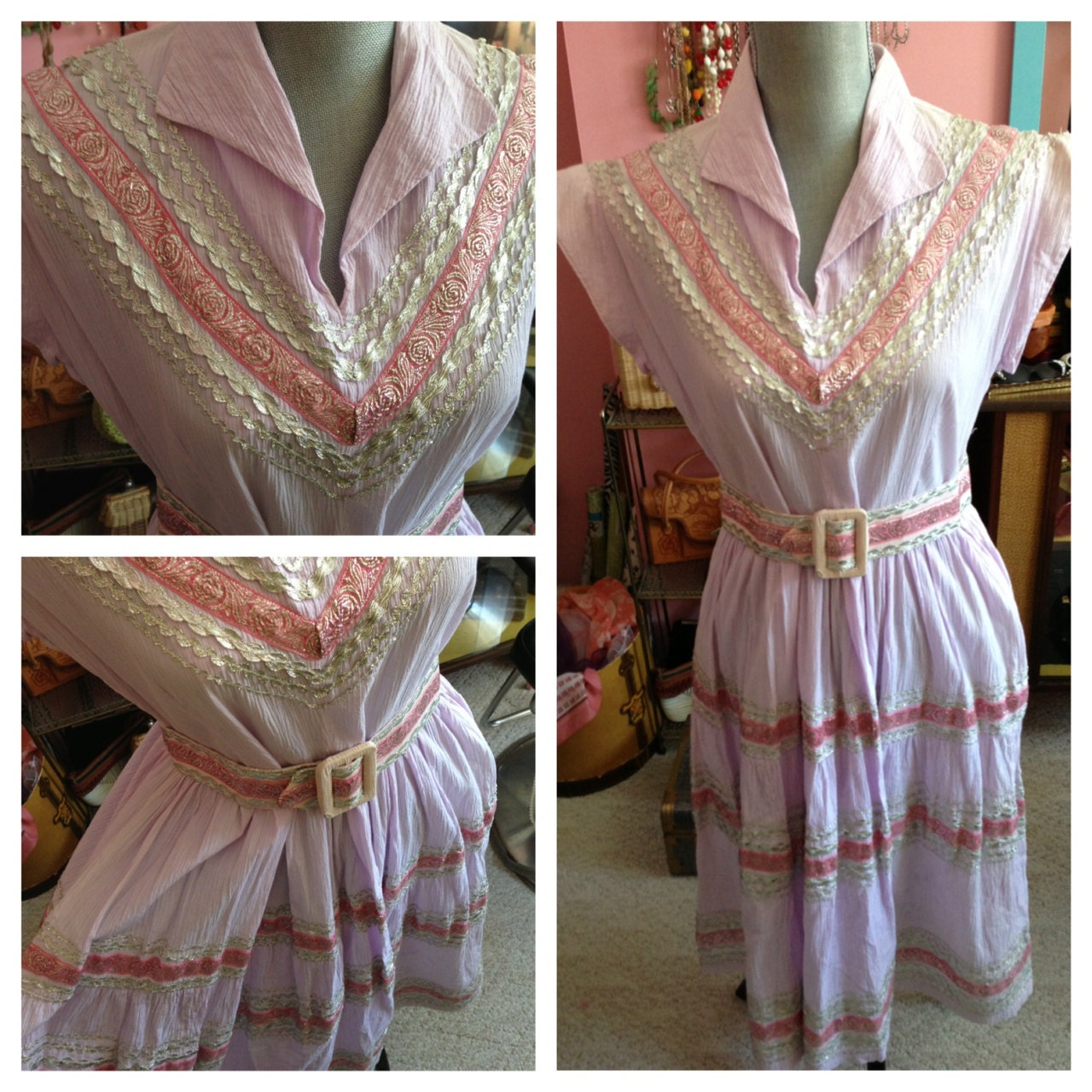 Pink purple silver ric rac squaw patio dress VLV fabulous