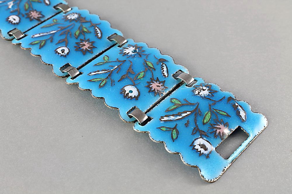 Vintage Turquoise Blue Enamel link Bracelet Wild Flowers