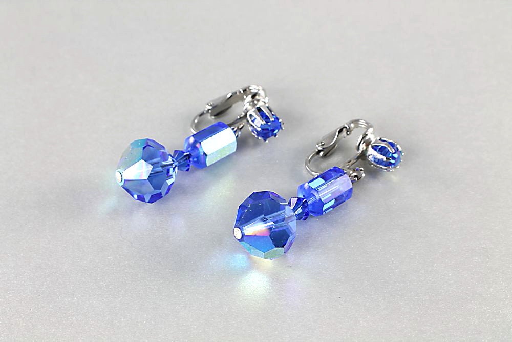 Vintage Capri Blue ab crystal Earrings Aurora Borealis dangle