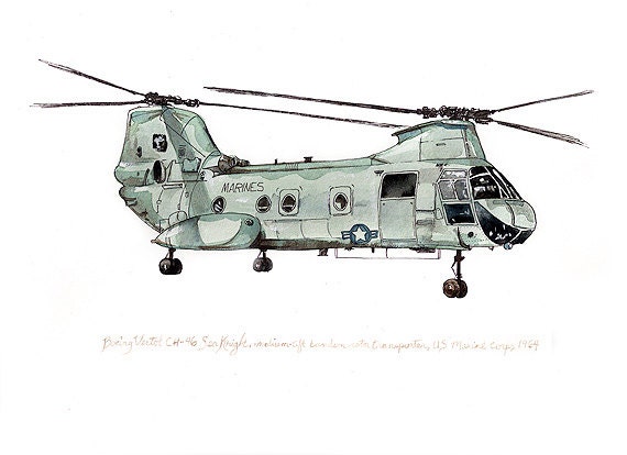 CH-46 Sea Knight, us marine aviation watercolor print, 8x10"