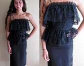 N Things Black Lace and Taffeta Double Peplum Cocktail Wiggle Pencil Dress - 1980's Prom Dress - Size Small/Extra Small
