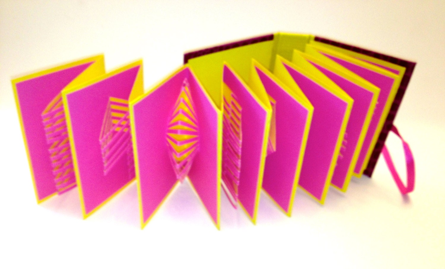 POP UP ACCORDION BOOk w/Hard Cover Original Hand Cut 9 Origamic Architecture Sculptures Home Decor In Hot Pink Fuchsia and Yellow OOaK