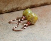 Yellow Brown Picasso Czech Glass Copper Short Dangle, Drop Earrings, Boho Fashion Jewelry