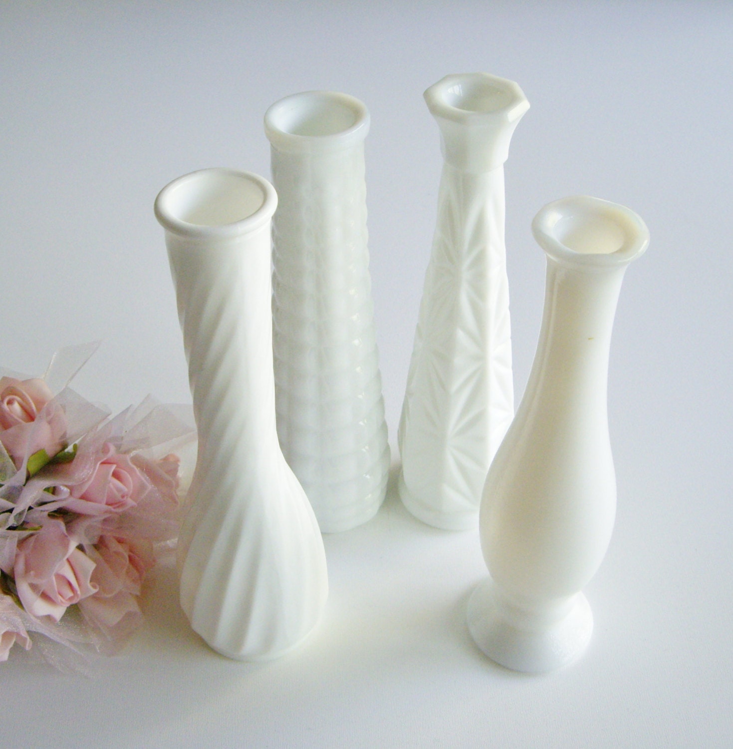 Vintage White Milk Glass Bud Vases - Set of 4 - for Wedding, Home Decor or Party