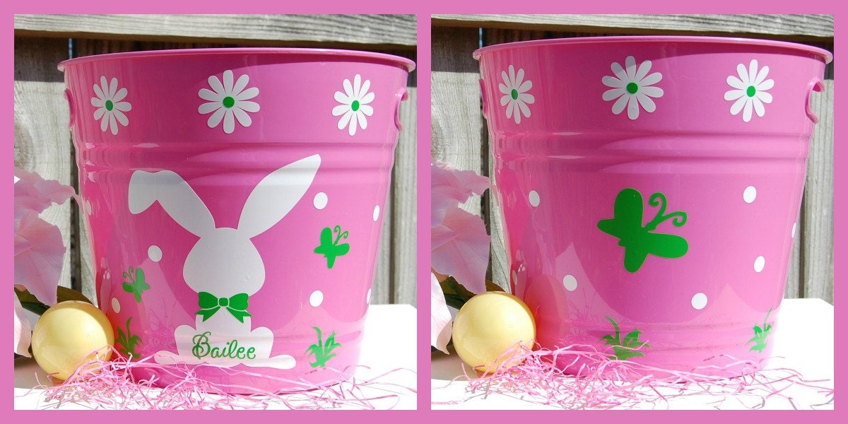 Large Personalized Plastic Easter Bunny Bucket with Butterflies