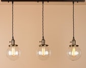 3 Light Chandelier - Linear Pendant Lights - with 6 inch Clear Glass Globes - Oil Rubbed Bronze Finish - Edison Light Bulbs