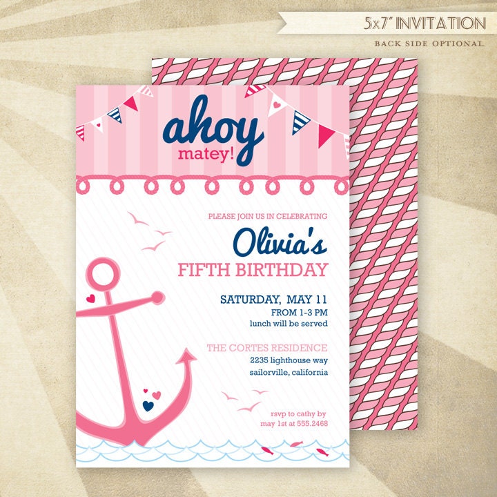 Custom Nautical Birthday - PRINTABLE Invitation - Pink - HWTM