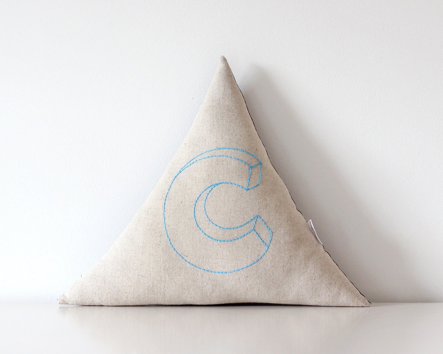 Linen Triangle Cushion Hand Embroidered with Letter