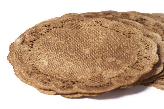 Walnut  stained paper doilies . 4 inch round doilies in French lace style . 10 pieces . natural brown. wood . primitive . vintage . grungy