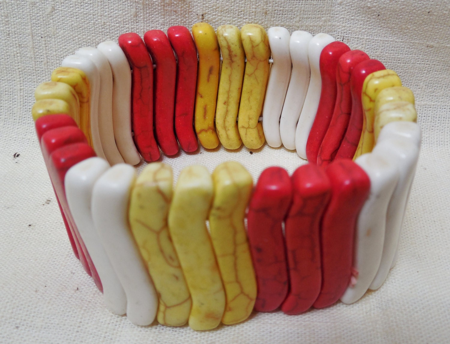 Stretch Bracelet Plastic Beads Yellow White & Red 1 1/4 Inch Wide