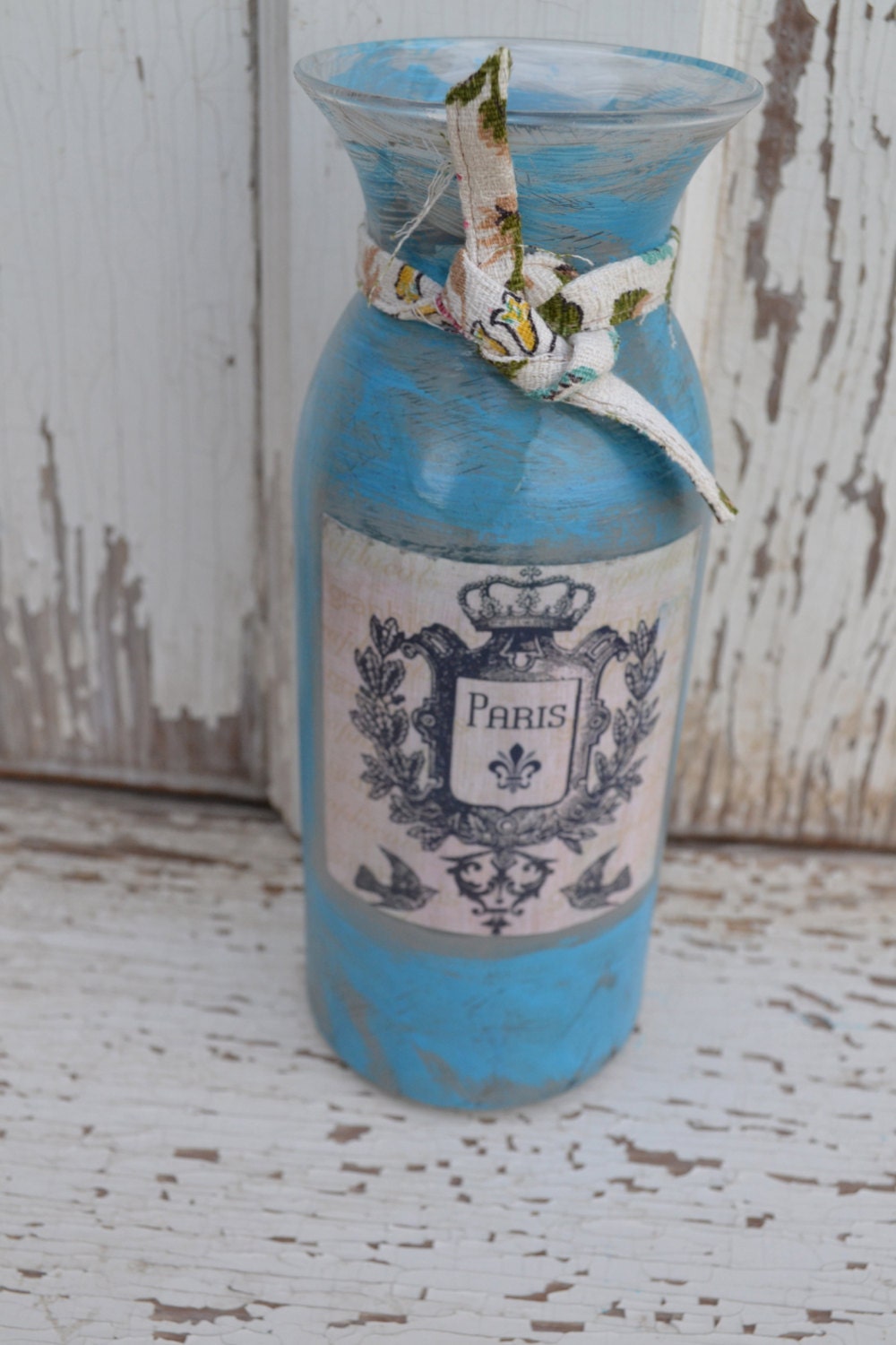 PARIS clear jar upcycled aqua gray chalk paint vase mantle decor