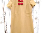 Vintage 60s 50s mustard pussy bow textured shift MOD dress L