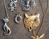 Vintage pendant necklace jewellery jewelry CAT tiger mirror indian owl  Fairy faerie JOB LOT costume gold silver