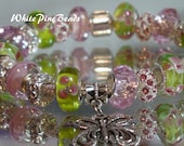 Spring and Easter  In The Pink and Spring Green  European Style Handmade Murano Glass Lampwork Bead Charm  Bracelet  NEW
