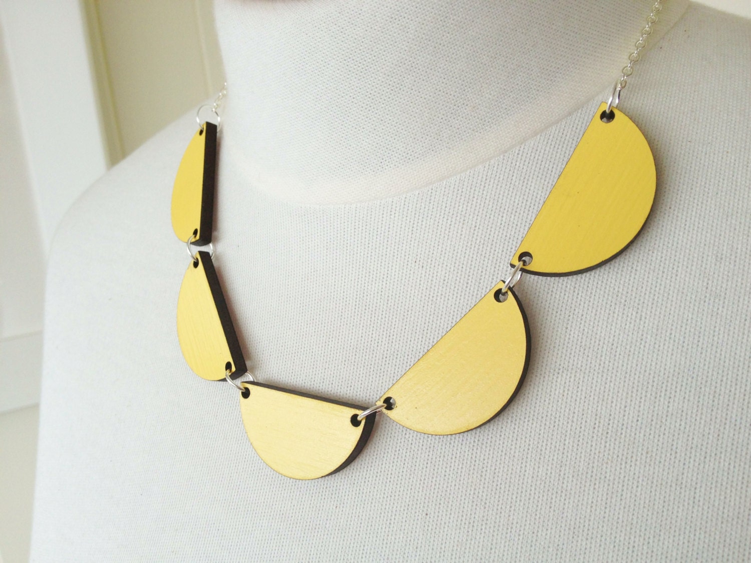 Scalloped Wooden Necklace - Hand Painted - Lemon Yellow