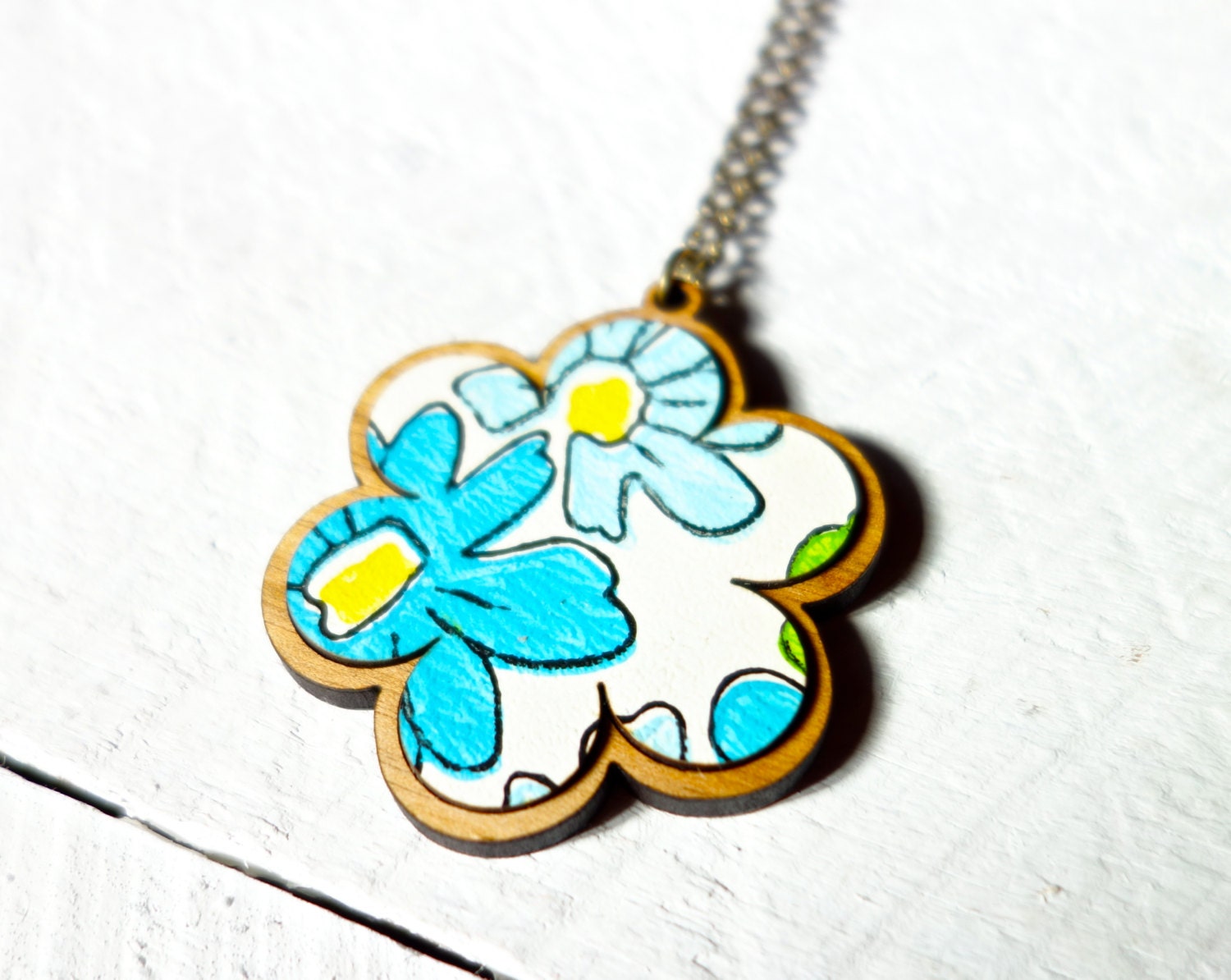 Vintage Wallpaper Flower Pendant - Blue Daisy 1 - One Of A Kind