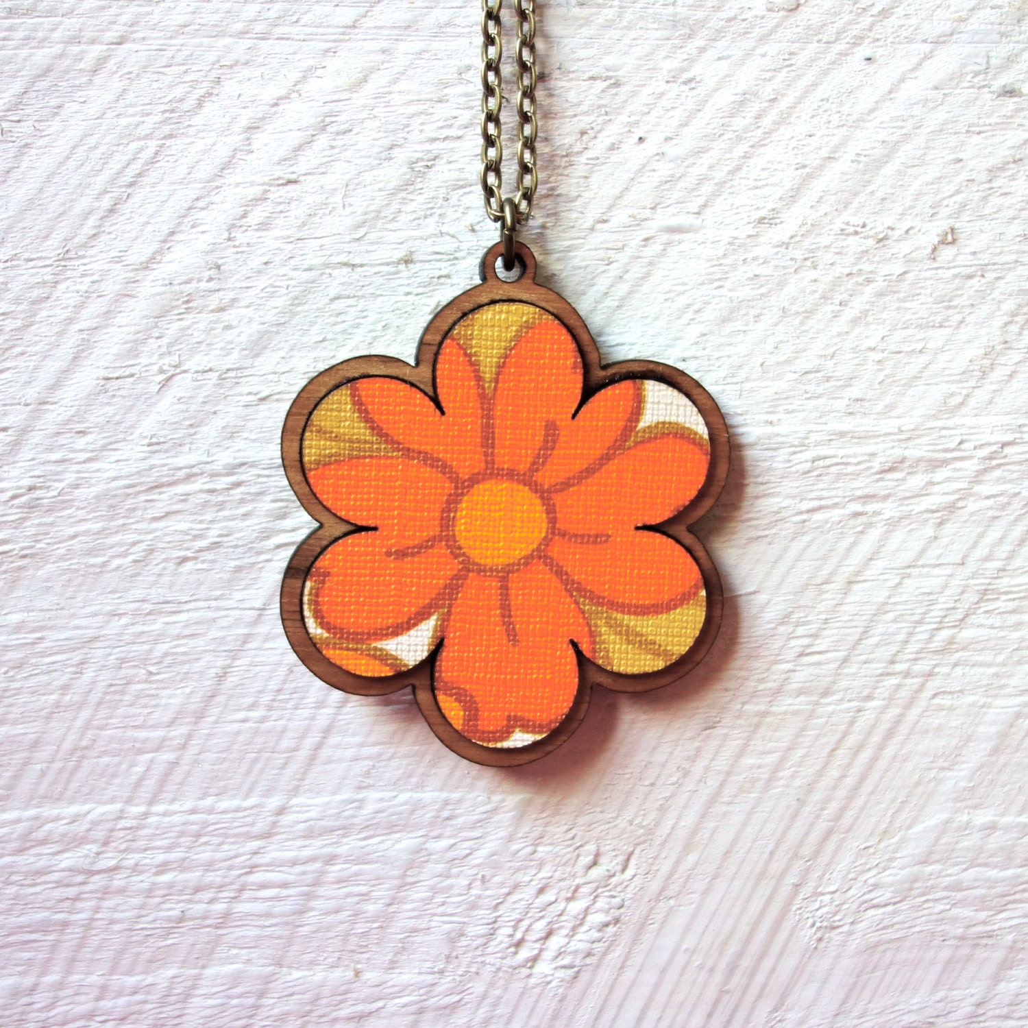 Vintage Wallpaper Flower Pendant - Sunny Orange Daisy 1 - One Of A Kind