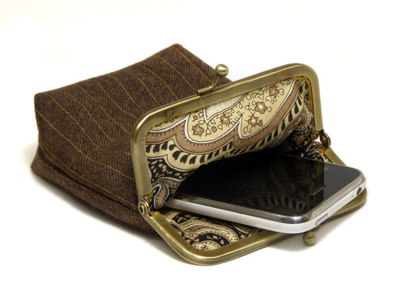 IPhone Case / Fabric Cigarette Case - Woven Brown fabric - Antique Bronze Frame